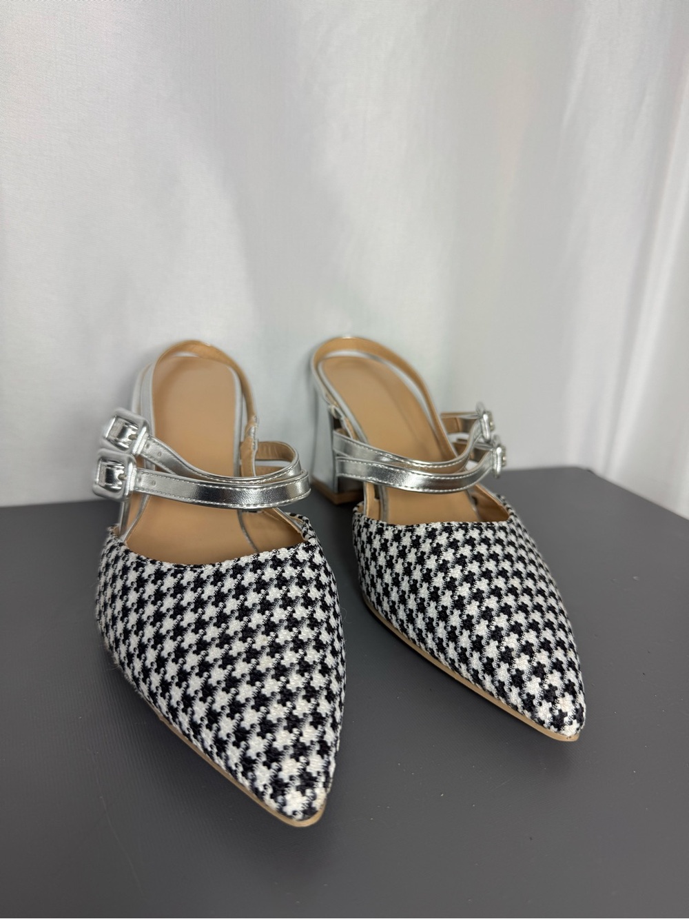 Pointed Houndstooth casual business party preppy Slingback Flats Black White
39